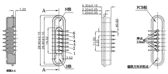 6 Pin Magnetic Connectors 5A Right Angle Pogo Pin Connector For Handheld Device