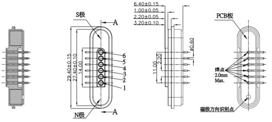 6 Pin Magnetic Connectors 5A Right Angle Pogo Pin Connector For Handheld Device